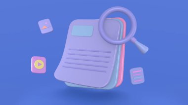 Konsept 3 boyutlu defter. 3d ortam dosya yönetimi. Resim ve görüntü içeriği simgesi aranıyor. Belge yönetimi yumuşak, belge akışı uygulaması, bileşik dokümanlar 3 boyutlu konsept. 3d resimleme