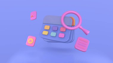 Anımsatma günü için tarih ve saati 3d olarak işaretle. Program randevusu, etkinlik günü, tatil planlaması için arama çubuğu ya da büyüteçle takvim. 3d büyüteç simgesi 3d resimleme