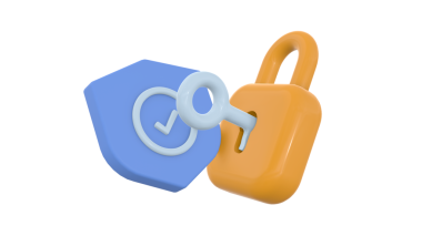 Siber güvenlik internet konsepti. Anahtar ve Koruma kalkanıyla 3 boyutlu kilit. Ağ Güvenliği bağlantısı. Kalkan şeklinde ve asma kilitli. Güvenliğiniz ve verilerinizin gizliliği. Çizgi film gerçekçi ikonu izole edildi. 3B Hazırlama