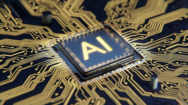 3D render AI artificial intelligence concept against random moving CPU central processing unit with brain HUD and FUI element. Ai algorithm process with chipset on the motherboard. Technology future