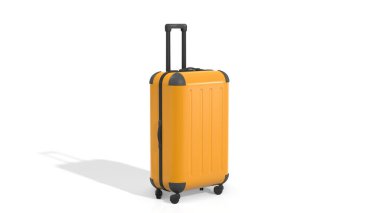 Seyahat konsepti. Büyük sarı seyahat valizi, saydam arkaplanda gölgesi olan izole edilmiş nesnelerin png dosyası. 3d resimleme