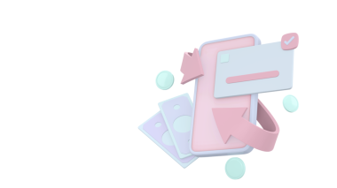 Nesneleri ayarla. Kart parası ve kağıtlar para ve akıllı telefon işi fikri güvenlik parası, ok 3D görüntüleme