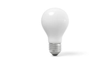 Pastel renklerde parlak beyaz arka planda beyaz ampul. Minimalist kavram, parlak fikir, izole lamba. 3d oluşturma