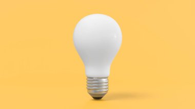 Pastel renklerde parlak sarı arka planda beyaz ampul. Minimalist kavram, parlak fikir, izole lamba. 3B görüntüleme