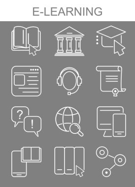E-öğrenme konsepti. Eğitim ya da iş için ince çizgi simgeleri belirlendi. E-öğrenme ve çevrimiçi eğitim ince çizgi simgeleri belirlendi. E-öğrenme sembolleri koleksiyonu. Uzaklık Eğitimi sembolü. Vektör illüstrasyonu