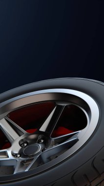 Konsept garaj aletleri. Krom kaplama jantlı koyu bir arka planda otomobil tekerlekleri. 3d hazırlayıcı