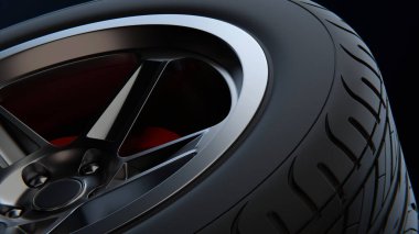 Konsept garaj aletleri. Krom kaplama jantlı koyu bir arka planda otomobil tekerlekleri. 3d hazırlayıcı