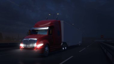 Kızıl Amerikan konteynır kamyonu karanlık gökyüzü olan bir otoyolda gidiyor. Kargo Karavanı olan otonom Kamyon, Sensörler tarafından özel oto-sürücü efektleri eşliğinde geceleyin yola çıkıyor. 3d hazırlayıcı