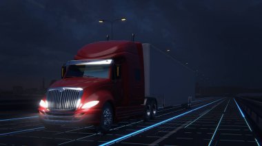 Kızıl Amerikan konteynır kamyonu karanlık gökyüzü olan bir otoyolda gidiyor. Kargo Karavanı olan otonom Kamyon, Sensörler tarafından özel oto-sürücü efektleri eşliğinde geceleyin yola çıkıyor. 3d hazırlayıcı
