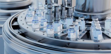 Uyuşturucu üretim süreci. Modern bir ilaç fabrikasındaki tıbbi ampullerle aynı hat. Eczacılık, ilaç endüstrisi laboratuvar fabrikası, eczane. Sağlık sigortası 3D oluşturucu