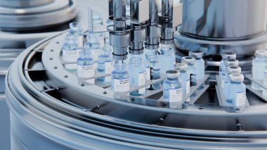 Uyuşturucu üretim süreci. Modern bir ilaç fabrikasındaki tıbbi ampullerle aynı hat. Eczacılık, ilaç endüstrisi laboratuvar fabrikası, eczane. Sağlık sigortası 3D oluşturucu