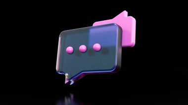 İleti simgesi. Koyu arkaplanda rengarenk ışık olan cam morfizm mesaj simgesi. 3d canlandırma konsepti