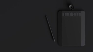 Sanat grafik tasarımı kavramı. Siyah arkaplan kalemle üç boyutlu grafiksel tablet çizimi.