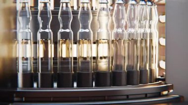 Eczacılık ürünlerinin üretimi. Hafif teftiş. Modern bir ilaç fabrikasında tıbbi ampul hattı. İlaç sanayisi. Tıbbi eczanenin 3 boyutlu görselleştirilmesi.