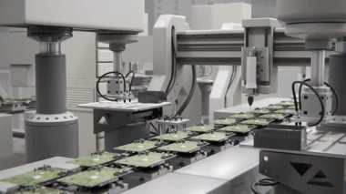 Geleceği düşün. Parlak Elektronik Fabrikasında Yüksek Hassas Robot Kolları. Tam Otomatik Modern PCB Assembly Line. Devre Panosuna Bileşen Kurulumu. Elektronik Cihazlar Üretim Endüstrisi. 3d hazırlayıcı