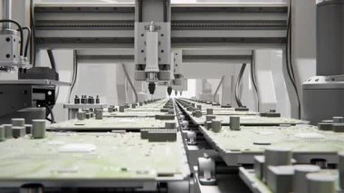 Geleceği düşün. Parlak Elektronik Fabrikasında Yüksek Hassas Robot Kolları. Tam Otomatik Modern PCB Assembly Line. Devre Panosuna Bileşen Kurulumu. Elektronik Cihazlar Üretim Endüstrisi. 3d hazırlayıcı