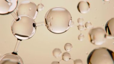 Sağlık kavramı, hareket kamerası yakınlaşması. Bilim ve güzellik. Açık kahverengi sarı arka planda 3 boyutlu Altın Kolajen Deri Serumu ve Vitamin izole edilmiş. Cilt bakımı kozmetik çözeltisi. 3d hazırlayıcı