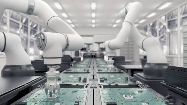 Geleceği düşün. Yüksek Hassas Robot Kolları. Parlak Elektronik Fabrikası. Tam Otomatik Modern PCB Assembly Line. Bileşen Kurulum Devresi. Elektronik Cihazlar Üretim Endüstrisi. 3d hazırlayıcı