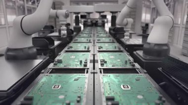 Geleceği düşün. Parlak Elektronik Fabrikasında Yüksek Hassas Robot Kolları. Tam Otomatik Modern PCB Assembly Line. Devre Panosuna Bileşen Kurulumu. Elektronik Cihazlar Üretim Endüstrisi. 3d hazırlayıcı