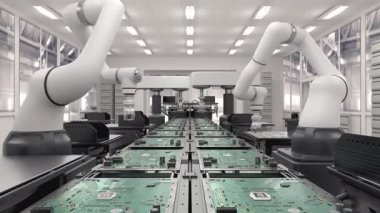 Geleceği düşün. Parlak Elektronik Fabrikasında Yüksek Hassas Robot Kolları. Tam Otomatik Modern PCB Assembly Line. Devre Panosuna Bileşen Kurulumu. Elektronik Cihazlar Üretim Endüstrisi. 3d hazırlayıcı