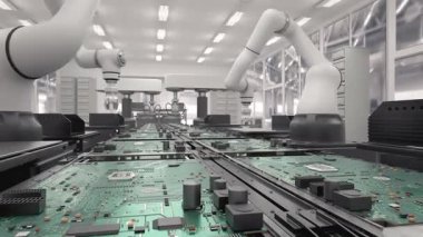 Geleceği düşün. Parlak Elektronik Fabrikasında Yüksek Hassas Robot Kolları. Tam Otomatik Modern PCB Assembly Line. Devre Panosuna Bileşen Kurulumu. Elektronik Cihazlar Üretim Endüstrisi. 3d hazırlayıcı