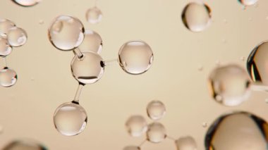 Sağlık kavramı, hareket kamerası yakınlaşması. Bilim ve güzellik. Açık kahverengi sarı arka planda 3 boyutlu Altın Kolajen Deri Serumu ve Vitamin izole edilmiş. Cilt bakımı kozmetik çözeltisi. 3d hazırlayıcı