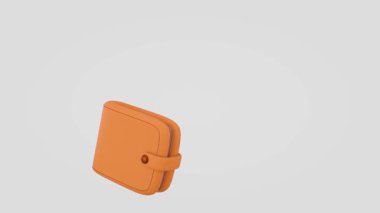 Cüzdan ve madeni para işi konsepti. Mavi arka plana bozuk para tüküren bir cüzdanın animasyonu. 3B görüntüleme