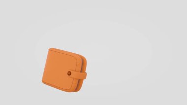 Cüzdan ve madeni para işi konsepti. Mavi arka plana bozuk para tüküren bir cüzdanın animasyonu. 3B görüntüleme