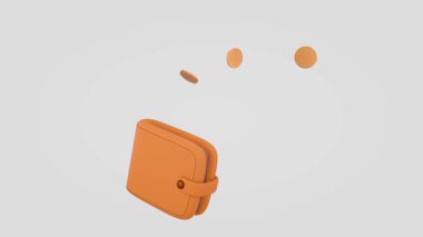 Cüzdan ve madeni para işi konsepti. Mavi arka plana bozuk para tüküren bir cüzdanın animasyonu. 3B görüntüleme