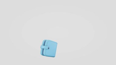 Cüzdan ve madeni para işi konsepti. Mavi arka plana bozuk para tüküren bir cüzdanın animasyonu. 3B görüntüleme