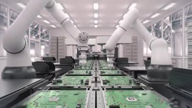 Geleceği düşün. Yüksek Hassas Robot Kolları. Parlak Elektronik Fabrikası. Tam Otomatik Modern PCB Assembly Line. Bileşen Kurulum Devresi. Elektronik Cihazlar Üretim Endüstrisi. 3d hazırlayıcı