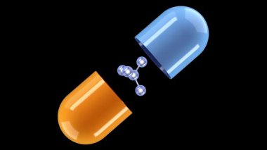 Bir tıbbi kapsül açılır, içinde dönen bir molekül ortaya çıkar, üç boyutlu görüntüleme. Hareket grafikleri