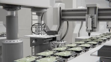 Geleceği düşün. Parlak Elektronik Fabrikasında Yüksek Hassas Robot Kolları. Tam Otomatik Modern PCB Assembly Line. Devre Panosuna Bileşen Kurulumu. Elektronik Cihazlar Üretim Endüstrisi. 3d hazırlayıcı