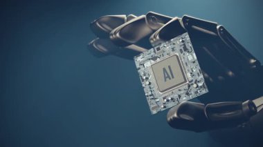 Gelecekteki teknolojiler. Robot el yapay zeka işlemcisini tutuyor ve kameraya yaklaşıyor. 3B modelleme animasyonu ve canlandırması