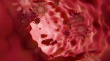 Sağlık konsepti. Virüs damarının içinde, kan damarının içindeki virüs hücreleri, yüksek kalite 3D görüntüleme 4K. Kan hücreleri, animasyon tıbbi video