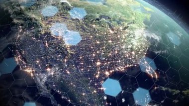 Uzay dünyası teknolojisi. Dünya 'da gece gündüz Amerika dış uzaydan 3D modelleme animasyonları. 3d hazırlayıcı