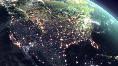 Uzay dünyası teknolojisi. Dünya 'da gece gündüz Amerika dış uzaydan 3D modelleme animasyonları. 3d hazırlayıcı
