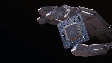 Gelecekteki teknolojiler. Robot el yapay zeka işlemcisini tutuyor ve kameraya yaklaşıyor. 3B modelleme animasyonu ve canlandırması
