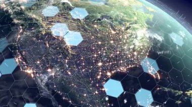 Uzay dünyası teknolojisi. Dünya 'da gece gündüz Amerika dış uzaydan 3D modelleme animasyonları. 3d hazırlayıcı