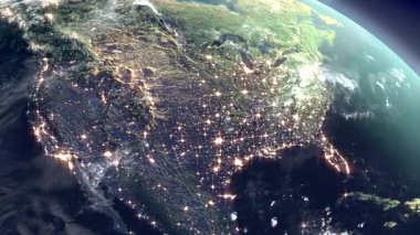 Uzay dünyası teknolojisi. Dünya 'da gece gündüz Amerika dış uzaydan 3D modelleme animasyonları. 3d hazırlayıcı