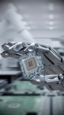 Gelecekteki teknolojiler. Robot el yapay zeka işlemcisini tutuyor ve kameraya yaklaşıyor. Arka planda bir mikroişlemci fabrikası hattı var. 3B modelleme animasyonu ve canlandırması