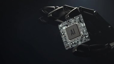 Gelecekteki teknolojiler. Robot el yapay zeka işlemcisini tutuyor ve kameraya yaklaşıyor. 3B modelleme animasyonu ve canlandırması