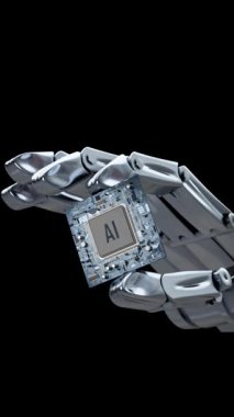 Gelecekteki teknolojiler. Robot el yapay zeka işlemcisini tutuyor ve kameraya yaklaşıyor. 3B modelleme animasyonu ve canlandırması