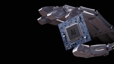 Gelecekteki teknolojiler. Robot el yapay zeka işlemcisini tutuyor ve kameraya yaklaşıyor. 3B modelleme animasyonu ve canlandırması