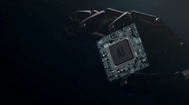 Gelecekteki teknolojiler. Robot el yapay zeka işlemcisini tutuyor ve kameraya yaklaşıyor. 3B modelleme animasyonu ve canlandırması