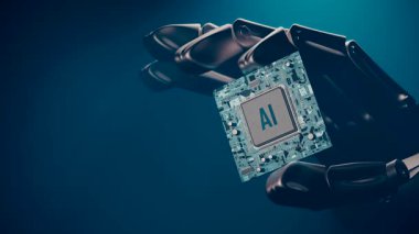 Gelecekteki teknolojiler. Robot el yapay zeka işlemcisini tutuyor ve kameraya yaklaşıyor. 3B modelleme animasyonu ve canlandırması