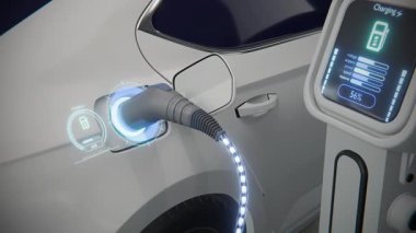 Ekoloji konsepti şarj arabası. Batarya şarjı otomotiv ve hologram seviye göstergeleri. Şarjı bitti ve şarjı bitti. Arabayı kapat ve sistem göstergesini fütüristik HUD elementleriyle şarj et. 3d hazırlayıcı