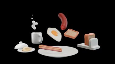 Kahvaltı, yumurta, pastırma, süt, kahve, ekmek, üç boyutlu havalanma ve dönme hakkında bir çizgi film. 3d hazırlayıcı