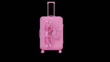 Seyahat konsepti iki bavul siyah arka planda döner ya da kıpırdar. 3D canlandırma animasyonu. Matte alfa ve yeşil ekran