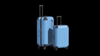 Seyahat konsepti iki bavul siyah arka planda döner ya da kıpırdar. 3D canlandırma animasyonu. Matte alfa ve yeşil ekran